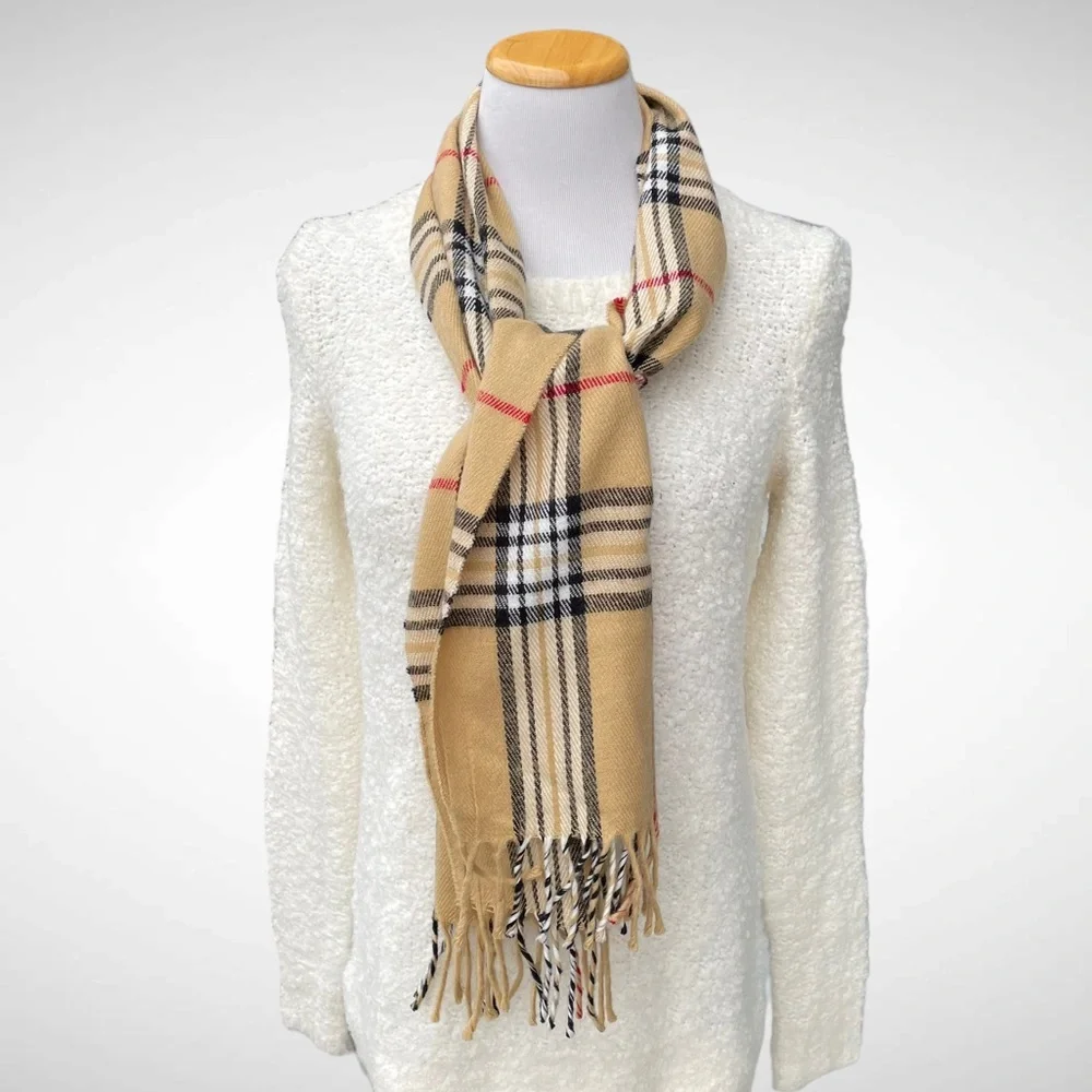 Plaid Rectangular Acrylic Scarf with Fringe 12” x 64”